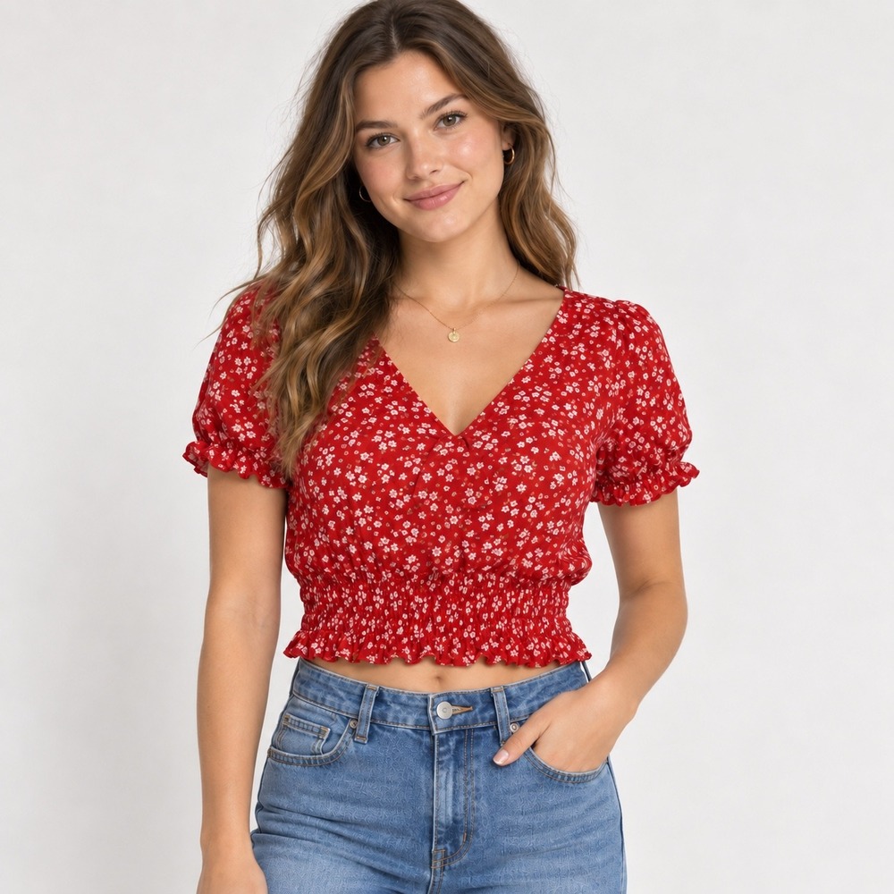 Abercrombie & Fitch Red Floral Smocked Waist V-Neck Crop Top Blouse Womens M